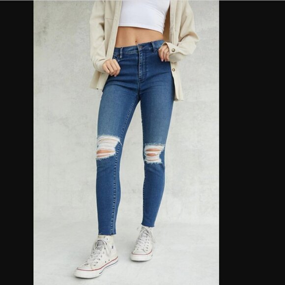 PacSun Dark Blue Distressed High Waisted Jeggings 24 - Picture 1 of 13